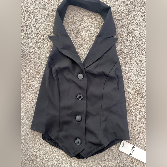 V Neck Woven Halter Button Front Blazer Vest - Picture 2 of 3